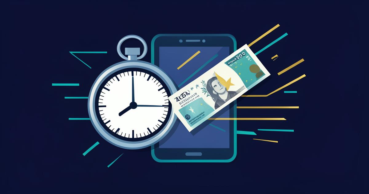 Flat illustration of a stopwatch beside an Australian banknote leaving a phone screen, with speed lines on a navy background