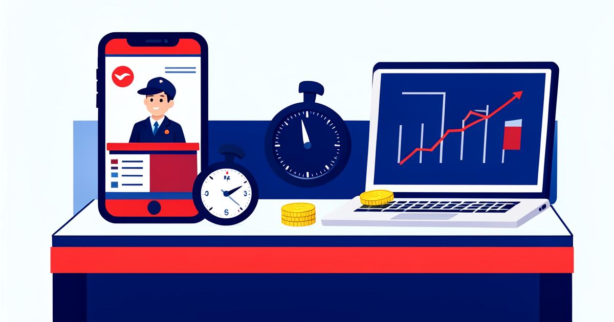 Illustration of a payments testing bench with a phone cashier screen, stopwatch, laptop charts and Australian dollar coins
