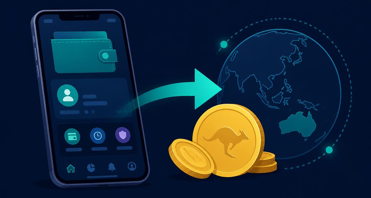 Flat illustration of an eWallet app on a smartphone sending a teal transfer arrow towards a globe with Australia highlighted, beside Australian dollar coins