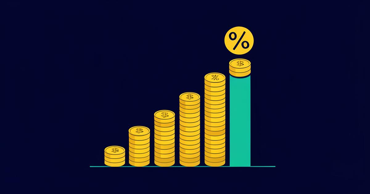 Flat illustration of gold coin stacks forming a rising bar chart with a percentage symbol on a deep navy background